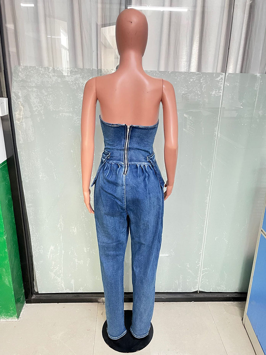 Strapless Corset Denim Jumpsuit For Women - Blue Sexy Bustier Back Zip Harem Romper - Spring Party Night Club 2026