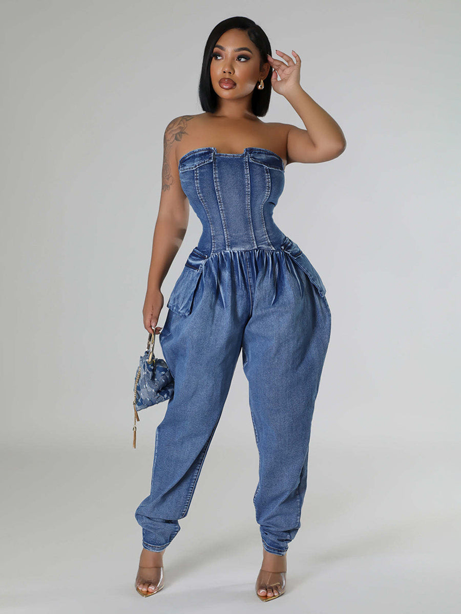 Strapless Corset Denim Jumpsuit For Women - Blue Sexy Bustier Back Zip Harem Romper - Spring Party Night Club 2026