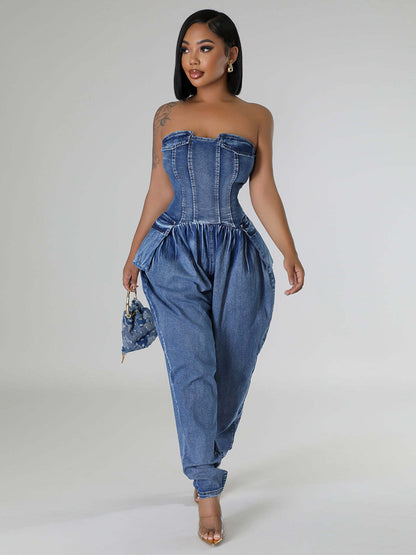 Strapless Corset Denim Jumpsuit For Women - Blue Sexy Bustier Back Zip Harem Romper - Spring Party Night Club 2026