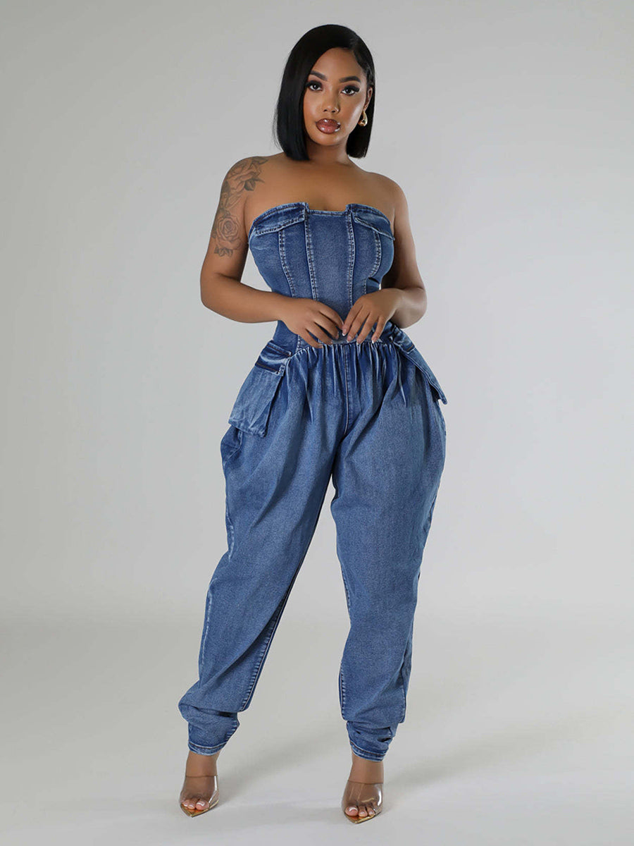 Strapless Corset Denim Jumpsuit For Women - Blue Sexy Bustier Back Zip Harem Romper - Spring Party Night Club 2026
