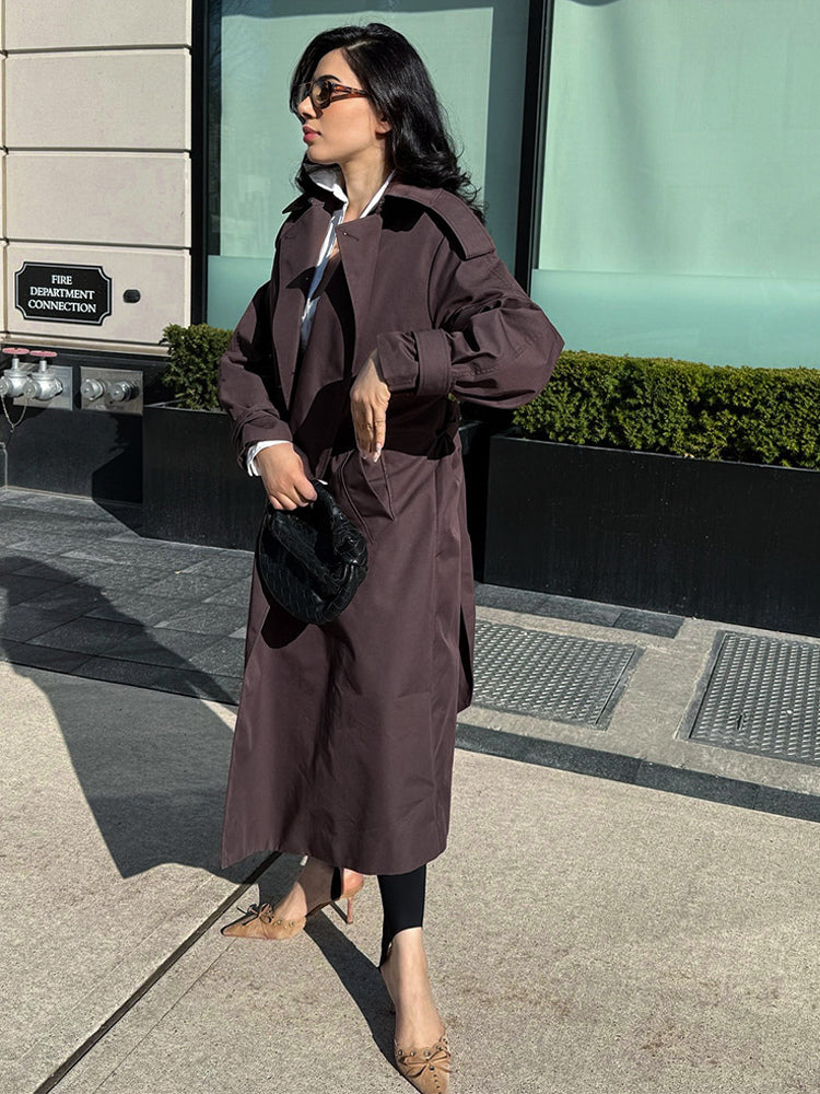 Oversized Trench Coat For Women - Chocolate Brown Chic Double Breasted Maxi Windbreaker - Spring Evening Out 2026