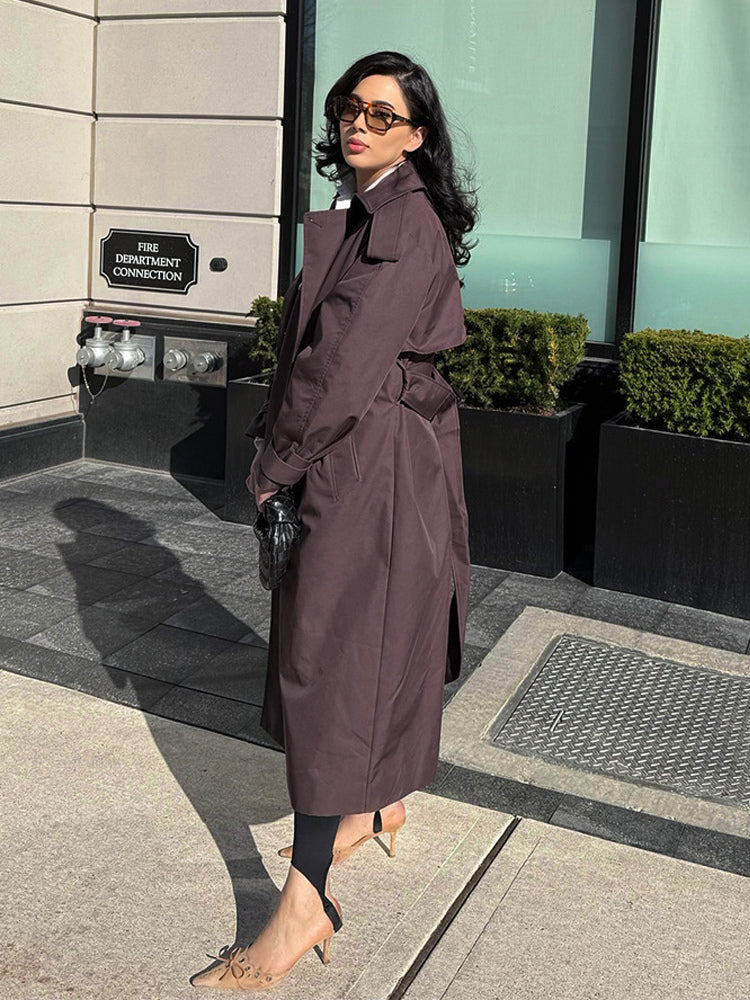 Oversized Trench Coat For Women - Chocolate Brown Chic Double Breasted Maxi Windbreaker - Spring Evening Out 2026