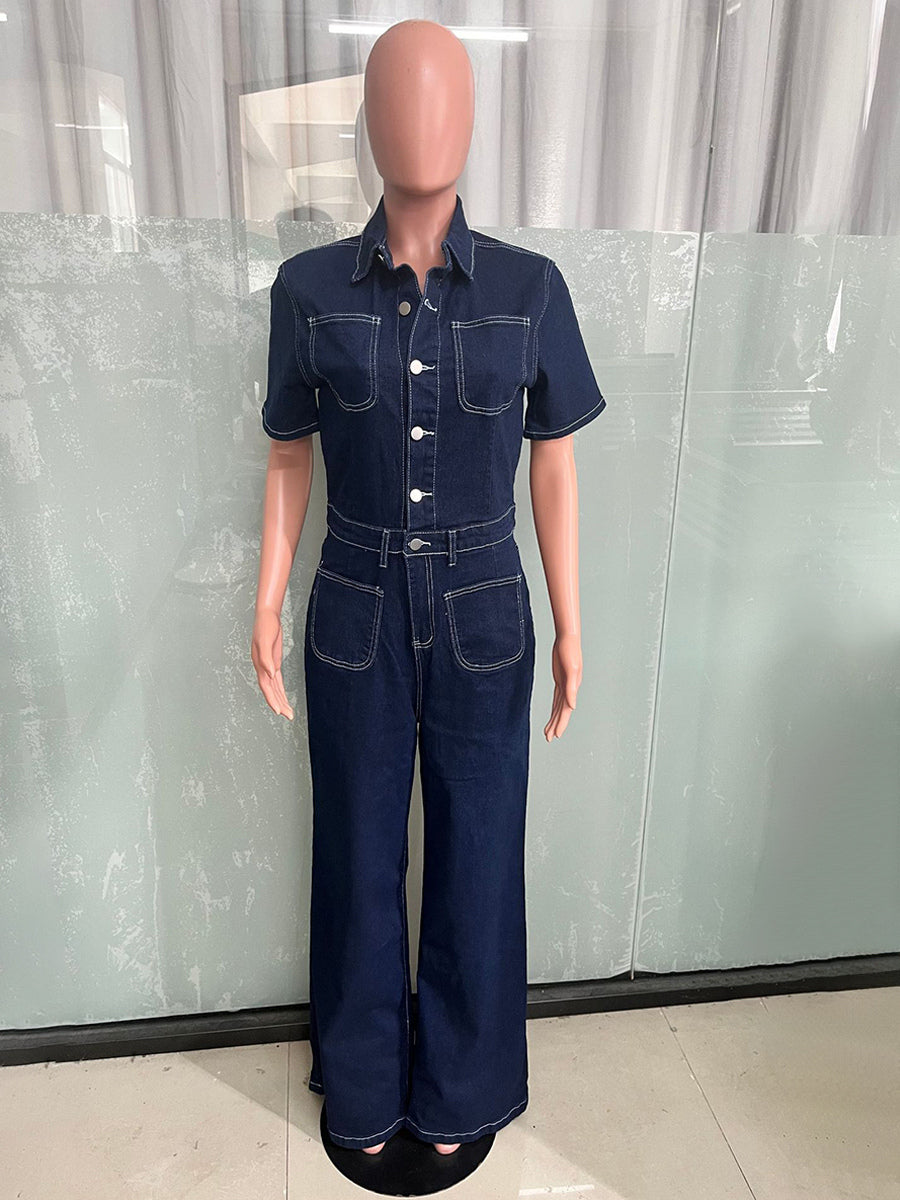 Contrast Stitch Denim Jumpsuit For Women - Dark Blue Washed Retro Short Sleeve Wide Leg Romper - Spring Casual Streetwear 2026