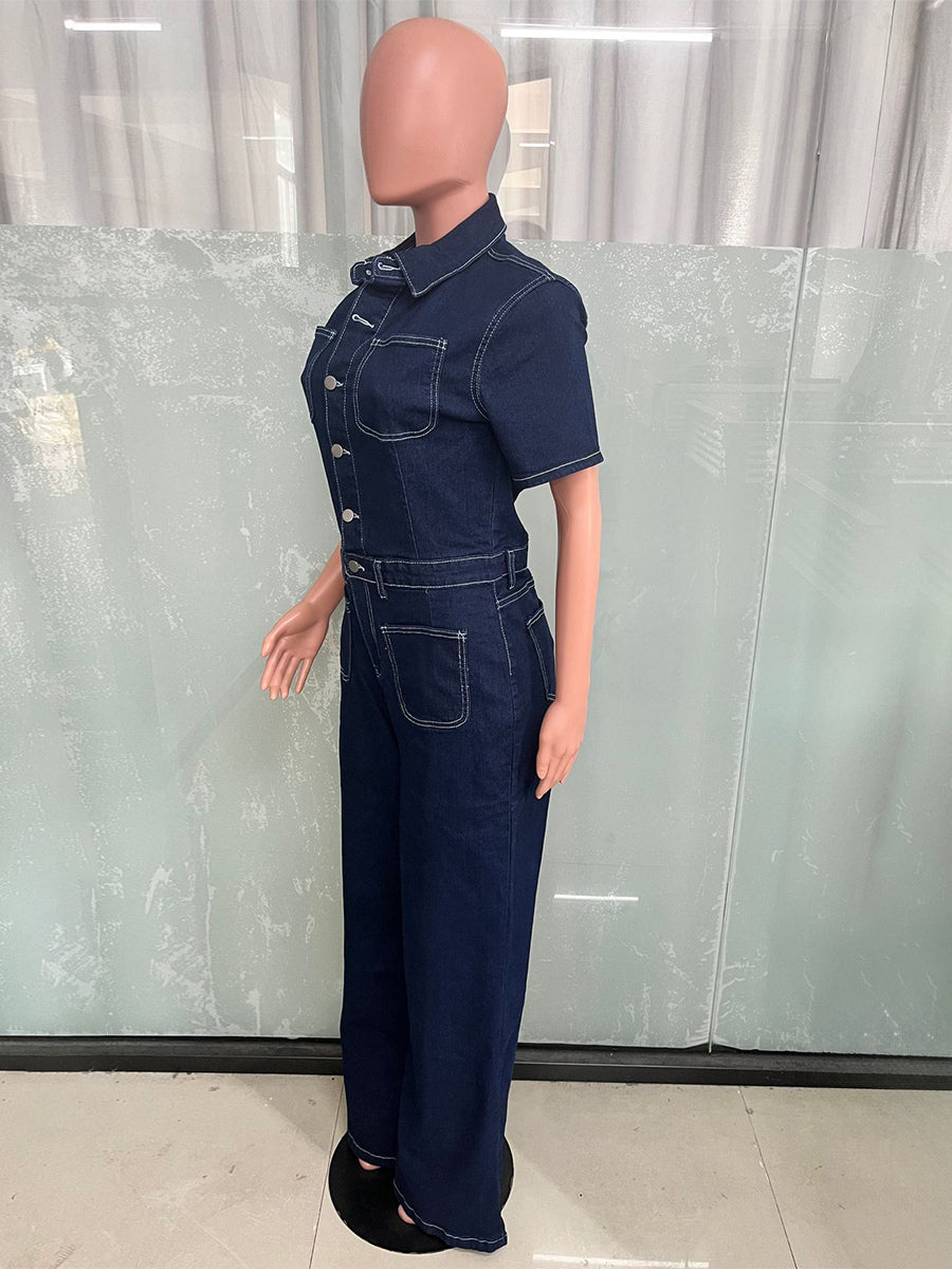 Contrast Stitch Denim Jumpsuit For Women - Dark Blue Washed Retro Short Sleeve Wide Leg Romper - Spring Casual Streetwear 2026