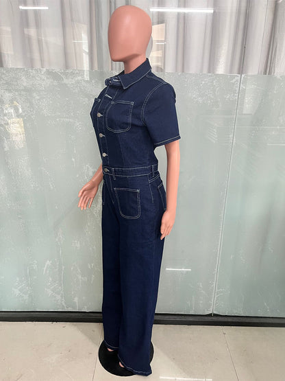 Contrast Stitch Denim Jumpsuit For Women - Dark Blue Washed Retro Short Sleeve Wide Leg Romper - Spring Casual Streetwear 2026