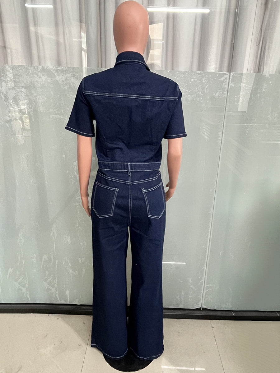 Contrast Stitch Denim Jumpsuit For Women - Dark Blue Washed Retro Short Sleeve Wide Leg Romper - Spring Casual Streetwear 2026