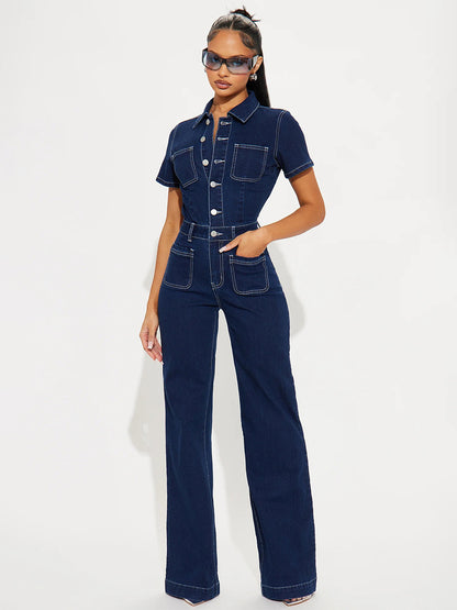 Contrast Stitch Denim Jumpsuit For Women - Dark Blue Washed Retro Short Sleeve Wide Leg Romper - Spring Casual Streetwear 2026
