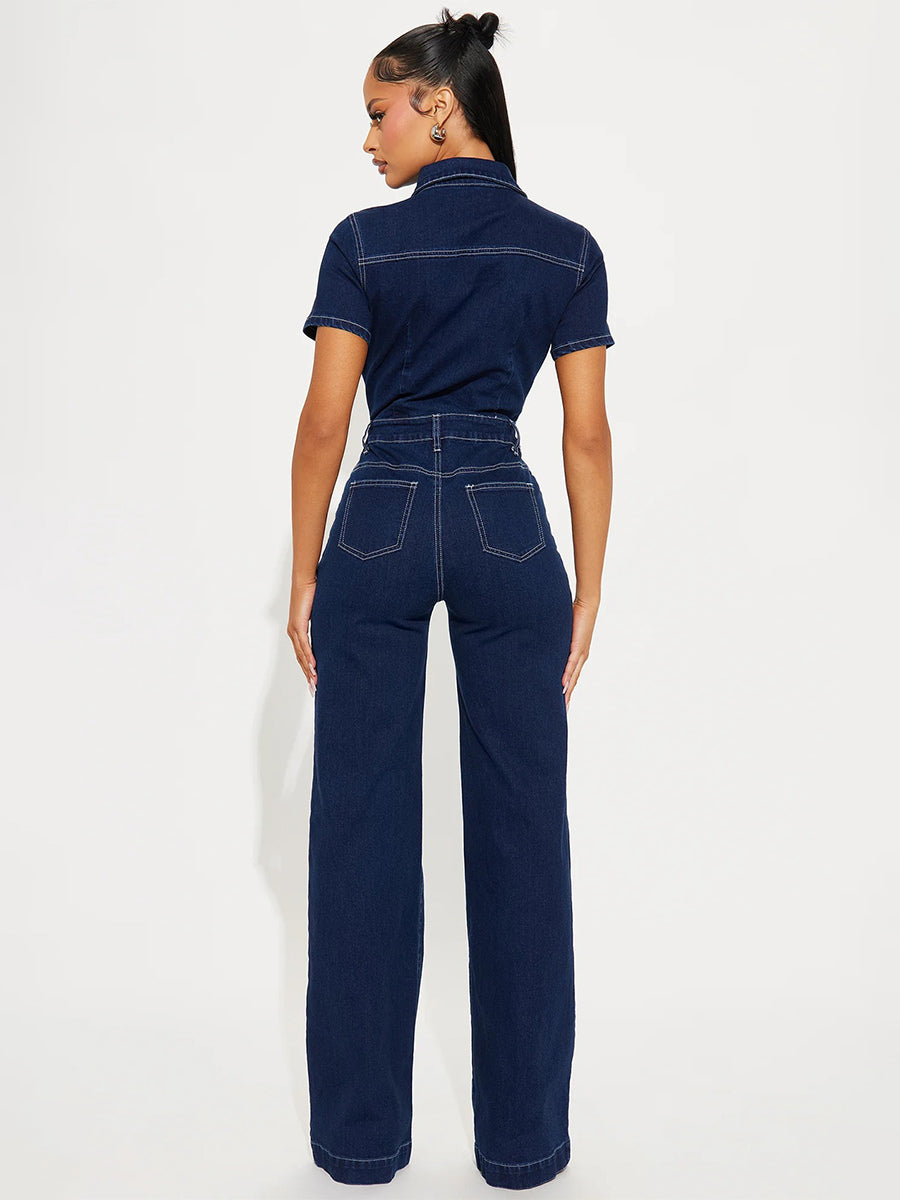 Contrast Stitch Denim Jumpsuit For Women - Dark Blue Washed Retro Short Sleeve Wide Leg Romper - Spring Casual Streetwear 2026
