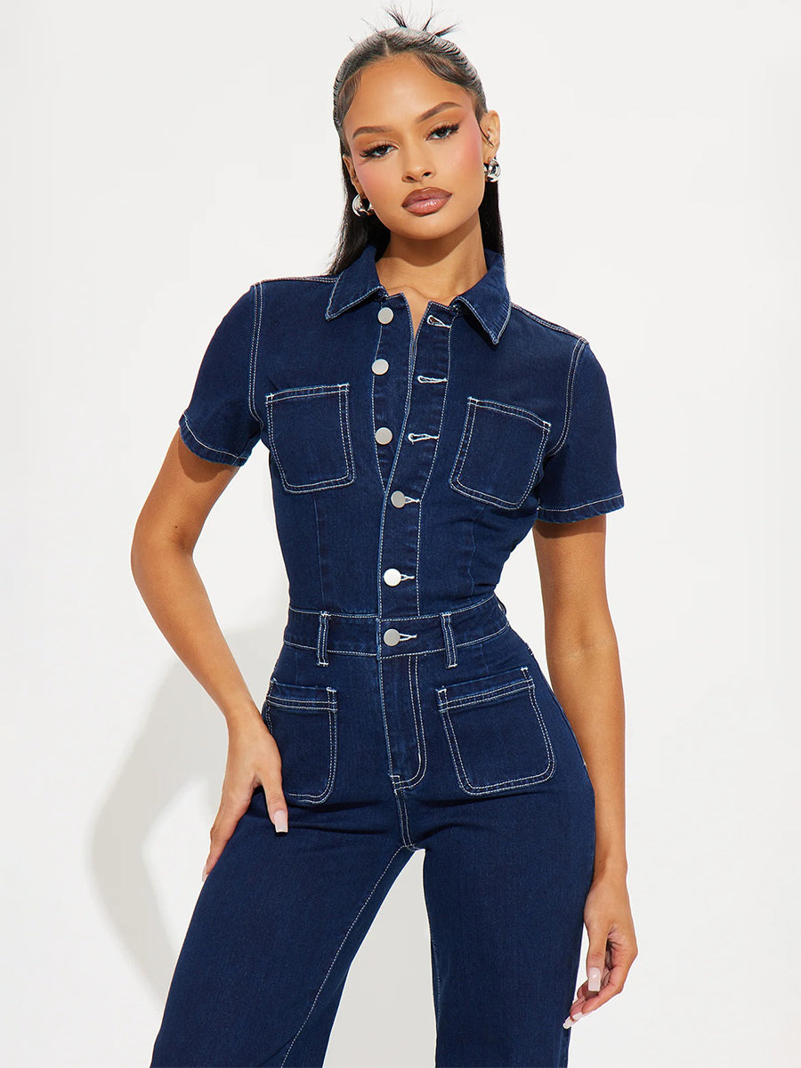 Contrast Stitch Denim Jumpsuit For Women - Dark Blue Washed Retro Short Sleeve Wide Leg Romper - Spring Casual Streetwear 2026