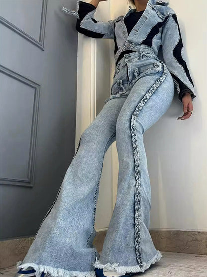 Braided Detail Patch Pocket Flare Jeans For Women - Light Blue Retro Boho High Waisted Bell Bottoms - Spring Vacation 2026