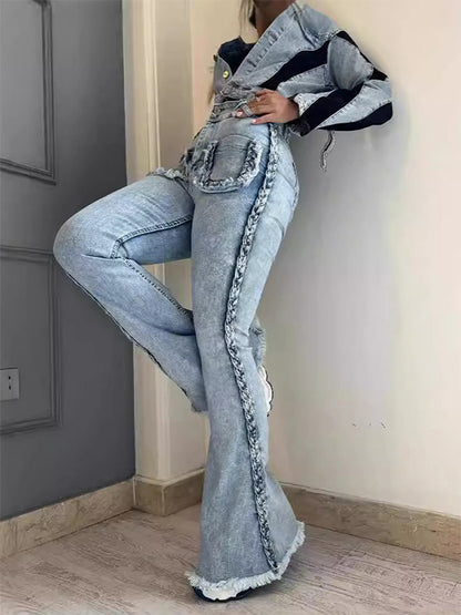 Braided Detail Patch Pocket Flare Jeans For Women - Light Blue Retro Boho High Waisted Bell Bottoms - Spring Vacation 2026