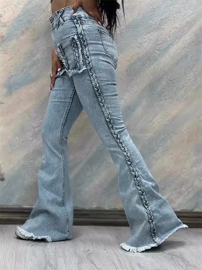 Braided Detail Patch Pocket Flare Jeans For Women - Light Blue Retro Boho High Waisted Bell Bottoms - Spring Vacation 2026