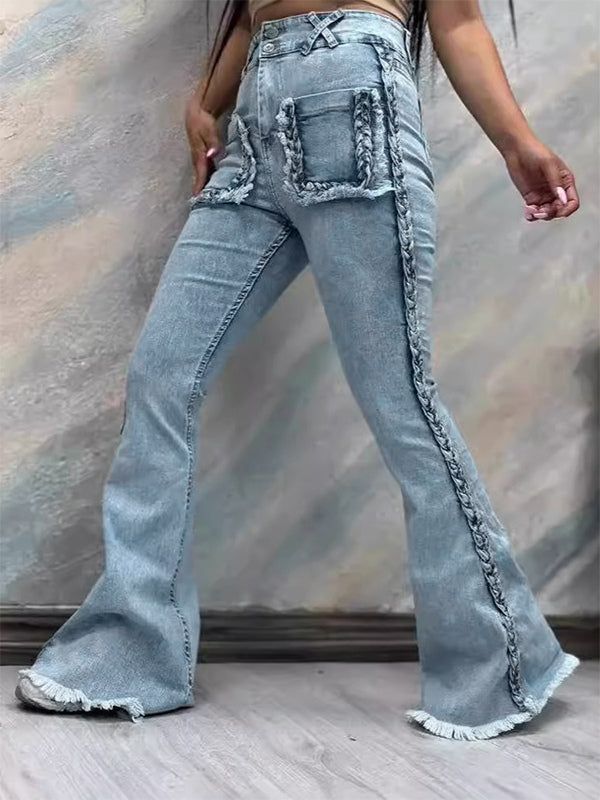 Braided Detail Patch Pocket Flare Jeans For Women - Light Blue Retro Boho High Waisted Bell Bottoms - Spring Vacation 2026