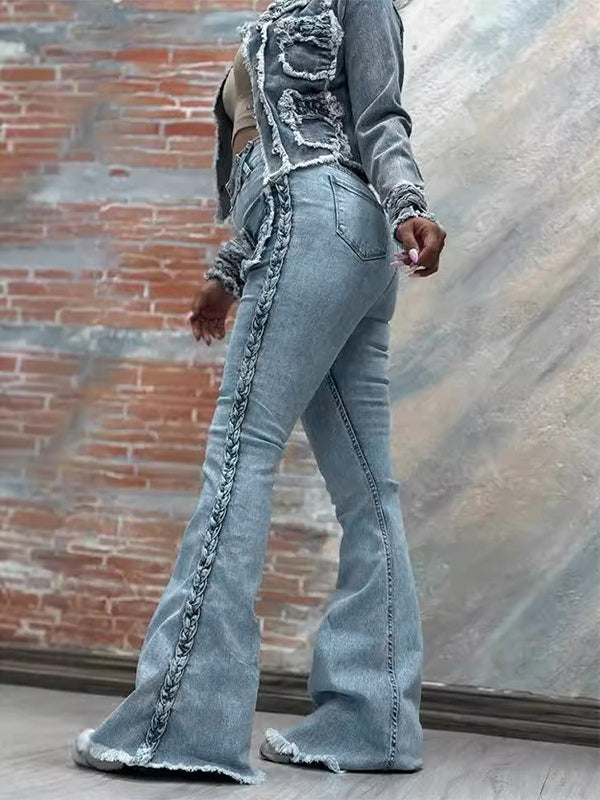 Braided Detail Patch Pocket Flare Jeans For Women - Light Blue Retro Boho High Waisted Bell Bottoms - Spring Vacation 2026