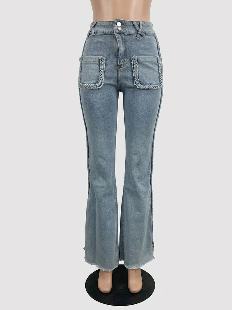 Braided Detail Patch Pocket Flare Jeans For Women - Light Blue Retro Boho High Waisted Bell Bottoms - Spring Vacation 2026