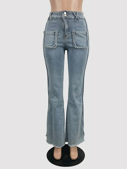 Braided Detail Patch Pocket Flare Jeans For Women - Light Blue Retro Boho High Waisted Bell Bottoms - Spring Vacation 2026