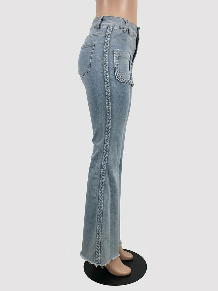 Braided Detail Patch Pocket Flare Jeans For Women - Light Blue Retro Boho High Waisted Bell Bottoms - Spring Vacation 2026