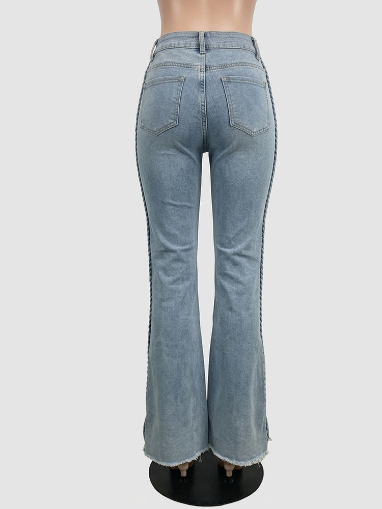 Braided Detail Patch Pocket Flare Jeans For Women - Light Blue Retro Boho High Waisted Bell Bottoms - Spring Vacation 2026