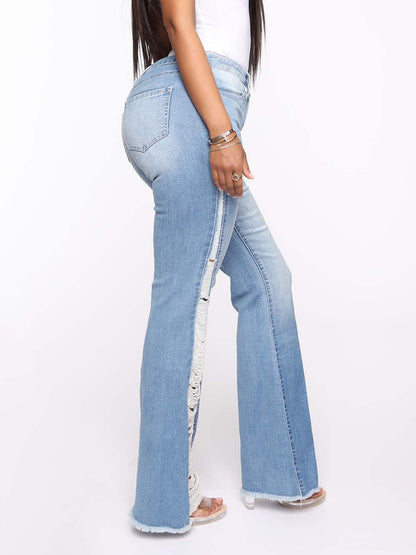 Side Frayed Distressed Flare Jeans For Women - Light Blue Washed Sexy Bootcut Denim - Spring Party Clubwear 2026
