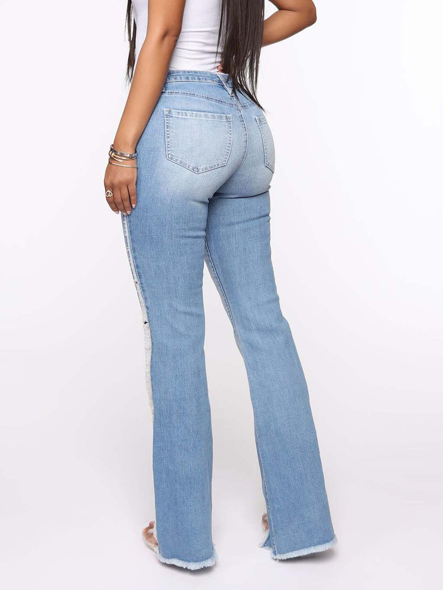 Side Frayed Distressed Flare Jeans For Women - Light Blue Washed Sexy Bootcut Denim - Spring Party Clubwear 2026