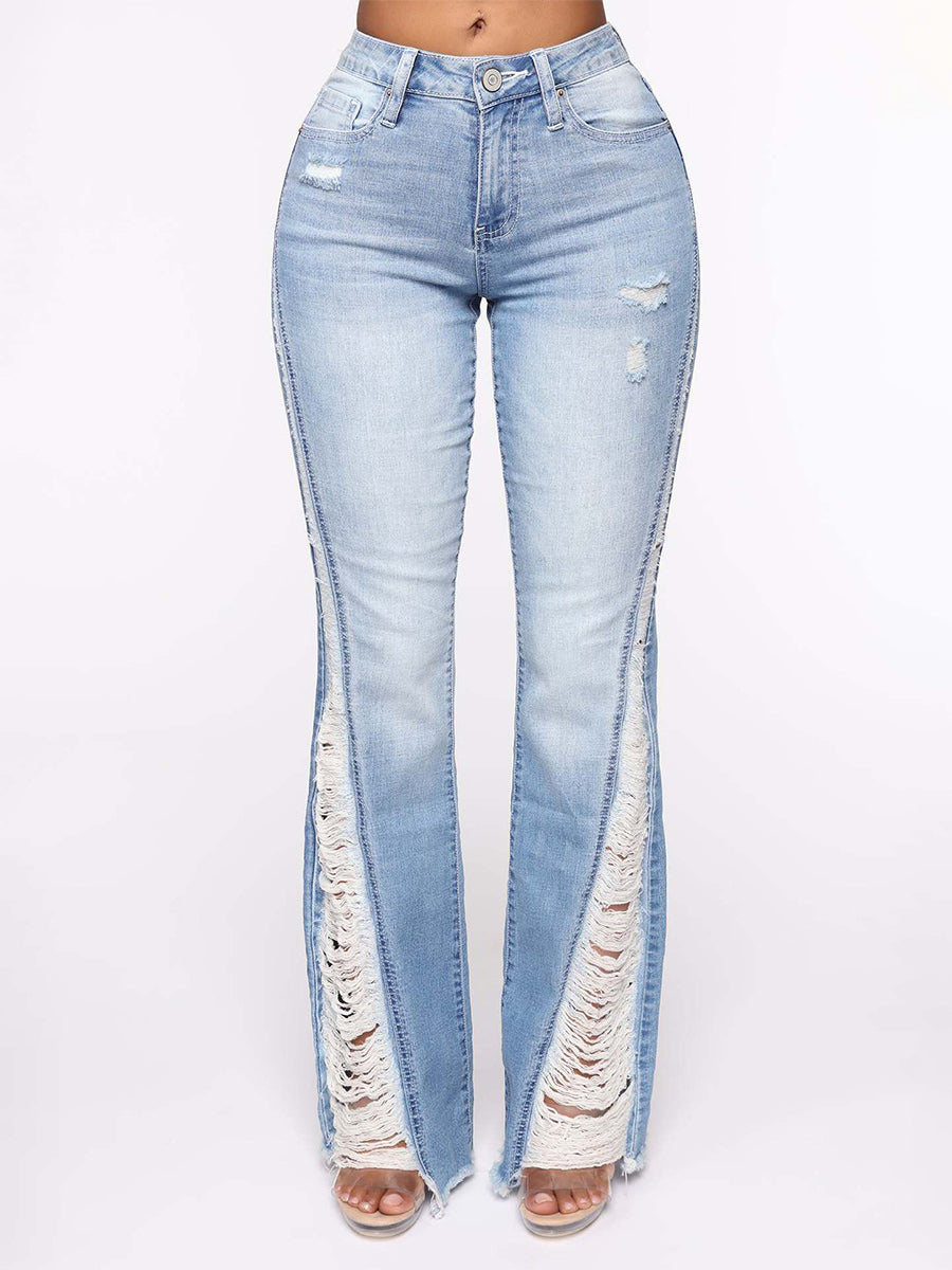 Side Frayed Distressed Flare Jeans For Women - Light Blue Washed Sexy Bootcut Denim - Spring Party Clubwear 2026