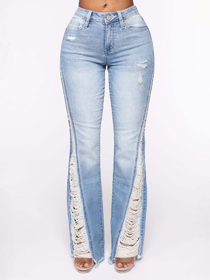 Side Frayed Distressed Flare Jeans For Women - Light Blue Washed Sexy Bootcut Denim - Spring Party Clubwear 2026