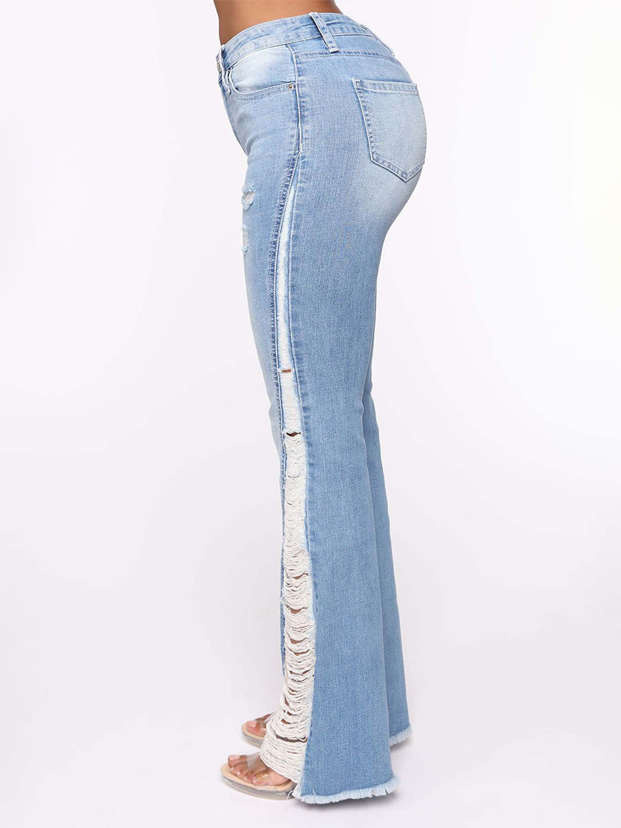 Side Frayed Distressed Flare Jeans For Women - Light Blue Washed Sexy Bootcut Denim - Spring Party Clubwear 2026