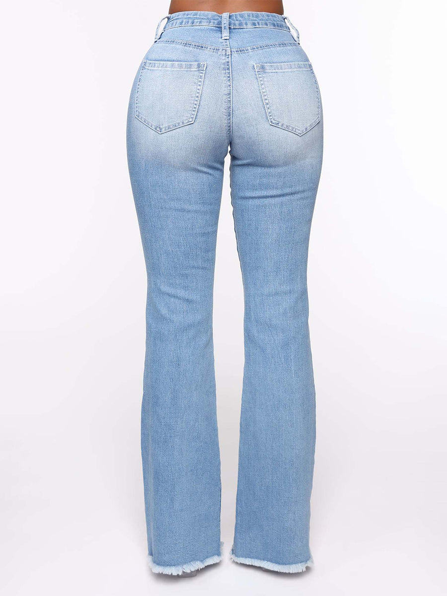 Side Frayed Distressed Flare Jeans For Women - Light Blue Washed Sexy Bootcut Denim - Spring Party Clubwear 2026