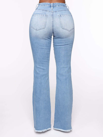 Side Frayed Distressed Flare Jeans For Women - Light Blue Washed Sexy Bootcut Denim - Spring Party Clubwear 2026