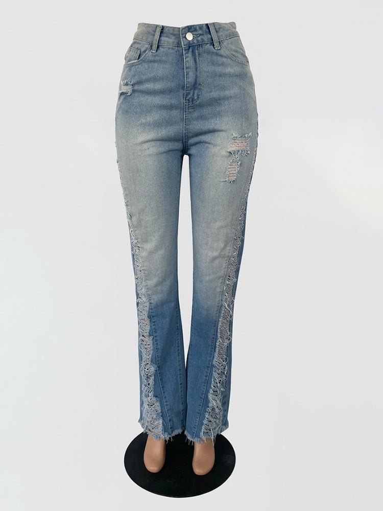 Side Frayed Distressed Flare Jeans For Women - Light Blue Washed Sexy Bootcut Denim - Spring Party Clubwear 2026