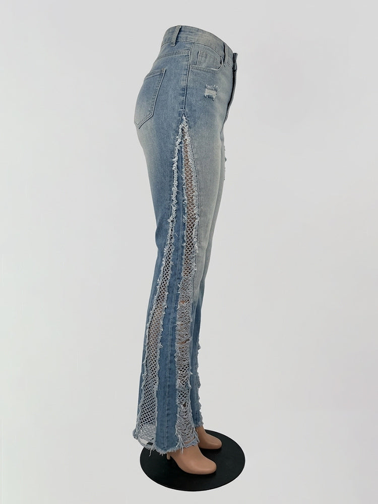 Side Frayed Distressed Flare Jeans For Women - Light Blue Washed Sexy Bootcut Denim - Spring Party Clubwear 2026
