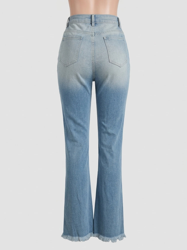 Side Frayed Distressed Flare Jeans For Women - Light Blue Washed Sexy Bootcut Denim - Spring Party Clubwear 2026