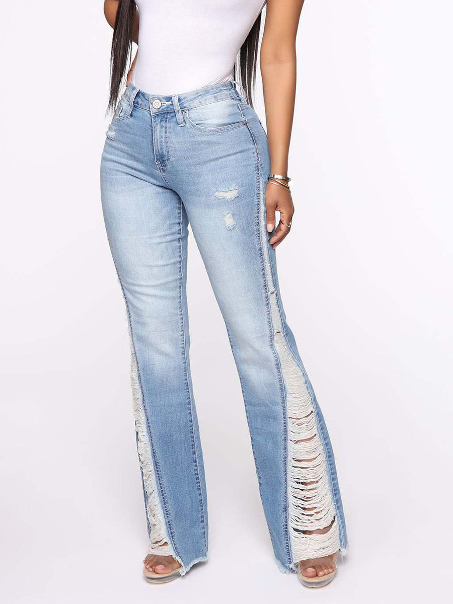 Side Frayed Distressed Flare Jeans For Women - Light Blue Washed Sexy Bootcut Denim - Spring Party Clubwear 2026
