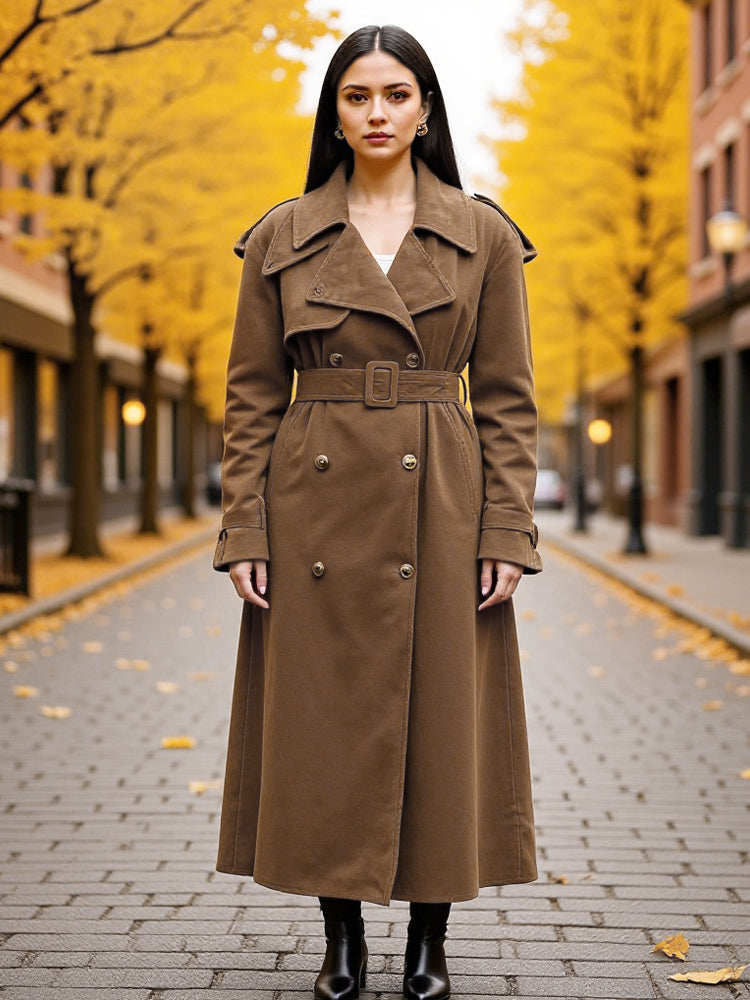 Faux Suede Trench Coat For Women - Retro Double Breasted Belted Maxi Jacket - Spring Commuter Style 2026