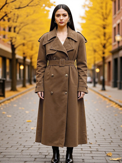 Faux Suede Trench Coat For Women - Retro Double Breasted Belted Maxi Jacket - Spring Commuter Style 2026