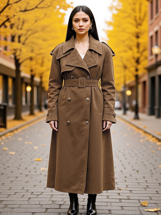 Faux Suede Trench Coat For Women - Retro Double Breasted Belted Maxi Jacket - Spring Commuter Style 2026