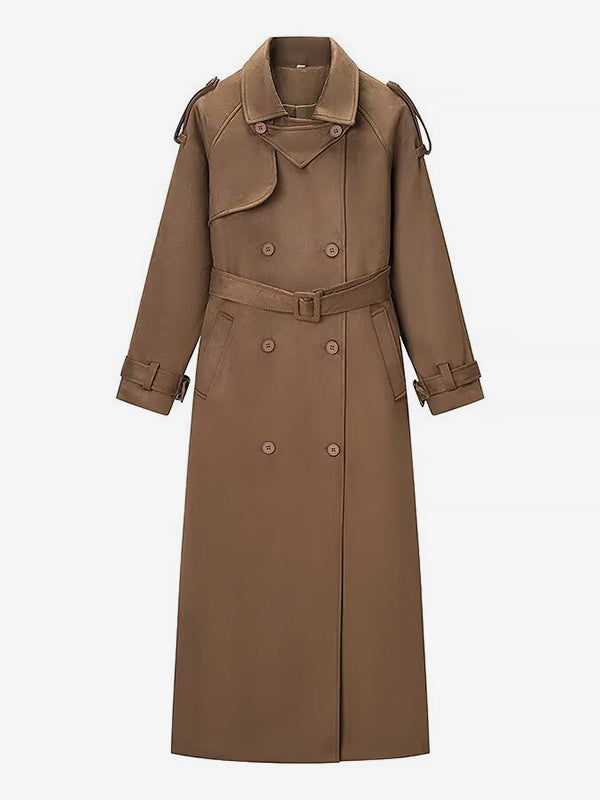 Faux Suede Trench Coat For Women - Retro Double Breasted Belted Maxi Jacket - Spring Commuter Style 2026