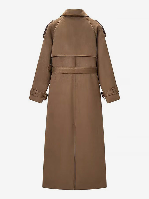 Faux Suede Trench Coat For Women - Retro Double Breasted Belted Maxi Jacket - Spring Commuter Style 2026