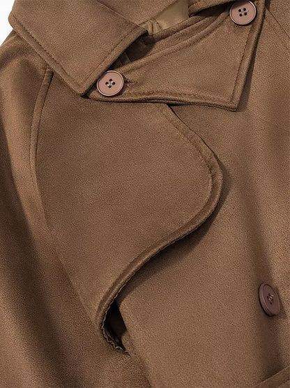 Faux Suede Trench Coat For Women - Retro Double Breasted Belted Maxi Jacket - Spring Commuter Style 2026