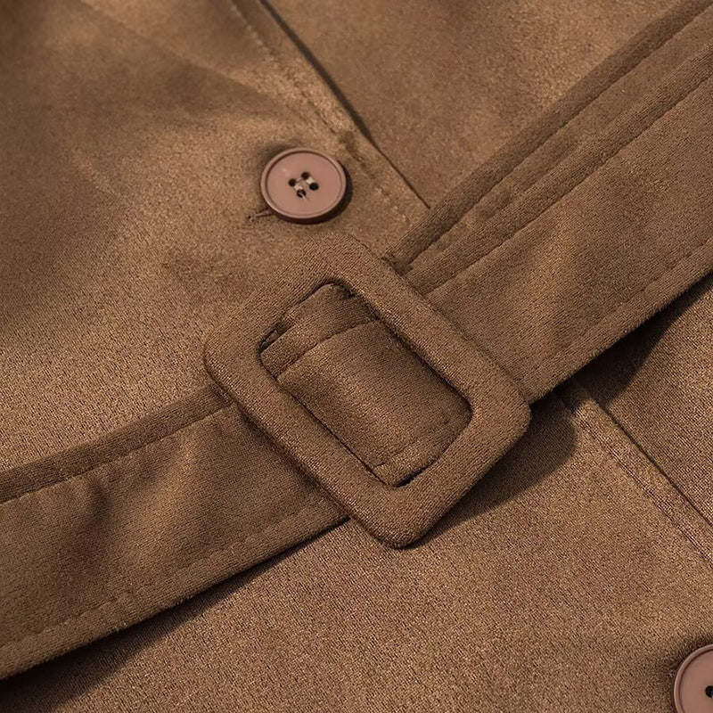 Faux Suede Trench Coat For Women - Retro Double Breasted Belted Maxi Jacket - Spring Commuter Style 2026
