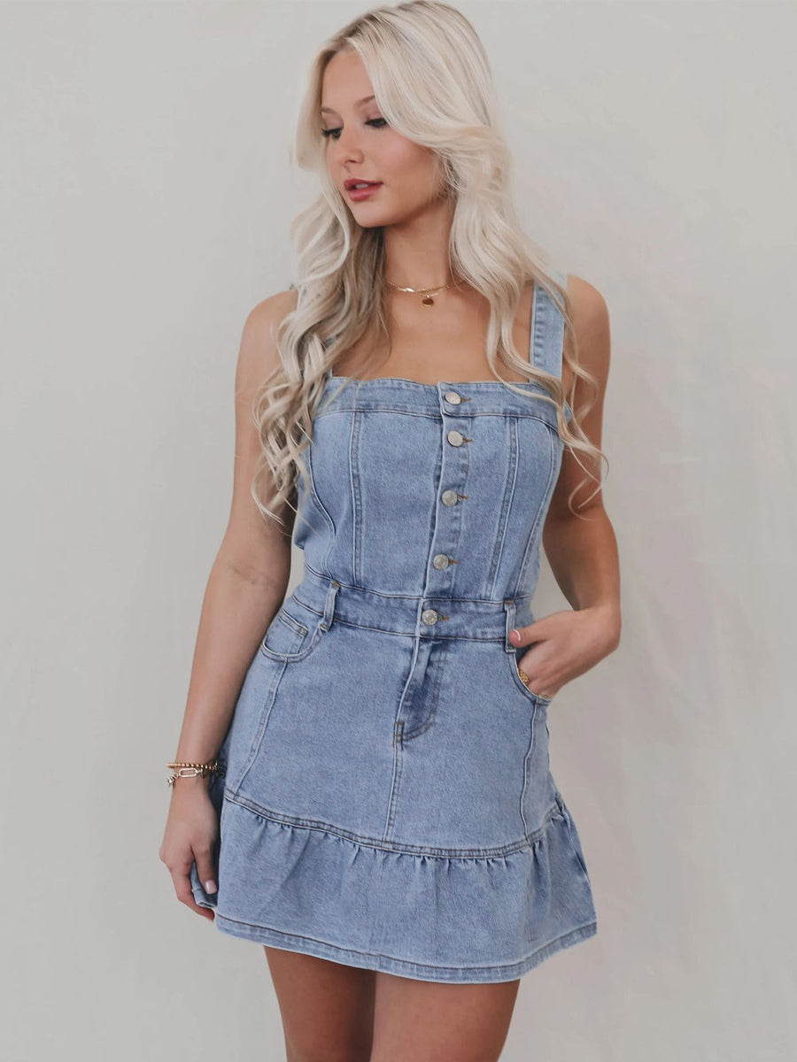 Ruffle Hem Denim Dress For Women - Light Blue Sweet Y2K Button Up Mini Dress - Summer Beach Festival Party Outfit 2026