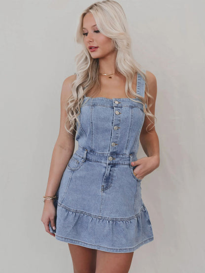 Ruffle Hem Denim Dress For Women - Light Blue Sweet Y2K Button Up Mini Dress - Summer Beach Festival Party Outfit 2026