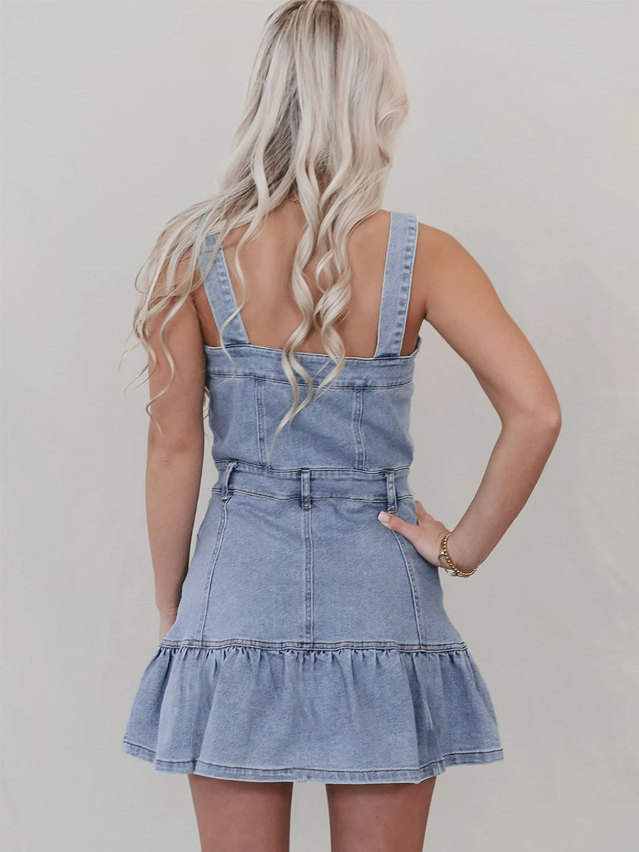 Ruffle Hem Denim Dress For Women - Light Blue Sweet Y2K Button Up Mini Dress - Summer Beach Festival Party Outfit 2026