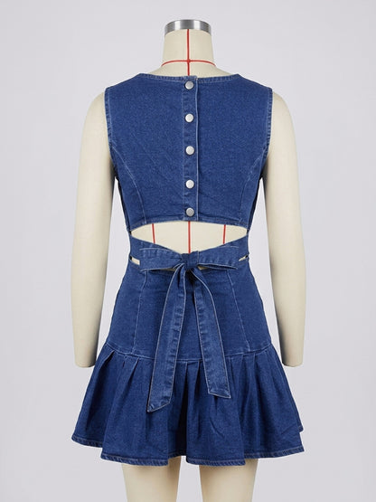 Sleeveless Pleated Denim Mini Dress For Women - Sexy Backless Tie Cutout Slim Fit - Summer Beach Streetwear 2026