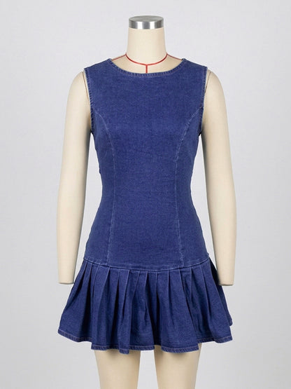 Sleeveless Pleated Denim Mini Dress For Women - Sexy Backless Tie Cutout Slim Fit - Summer Beach Streetwear 2026