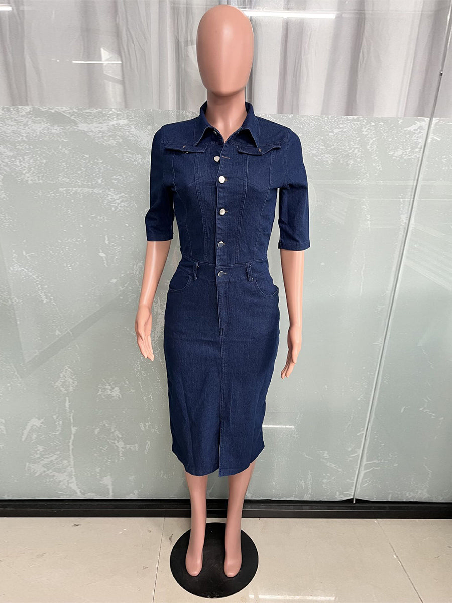 Washed Bodycon Denim Midi Dress For Women - Blue Fitted Button Front Pencil Dress - Spring Casual Streetwear 2026