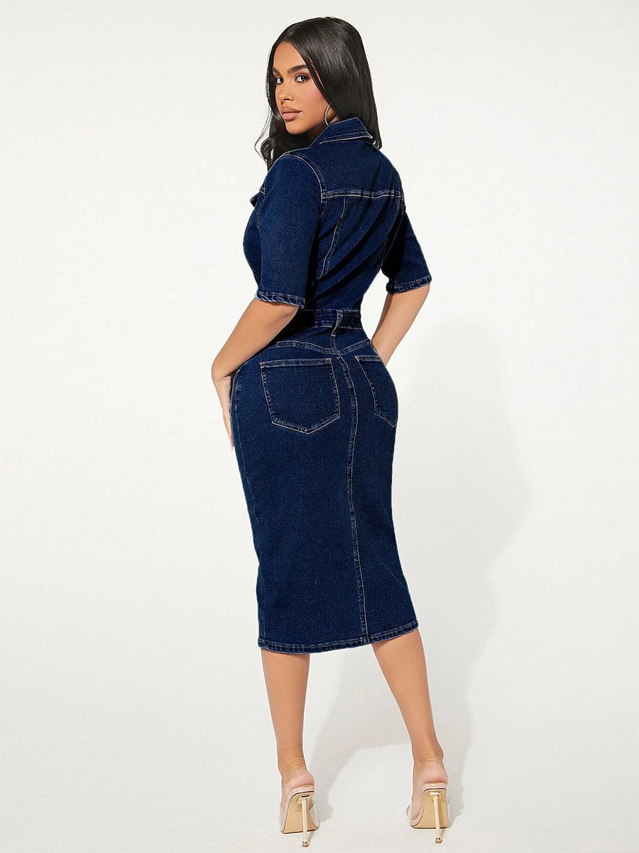 Washed Bodycon Denim Midi Dress For Women - Blue Fitted Button Front Pencil Dress - Spring Casual Streetwear 2026