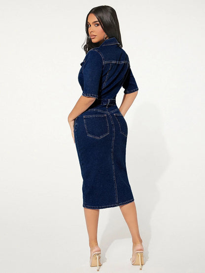 Washed Bodycon Denim Midi Dress For Women - Blue Fitted Button Front Pencil Dress - Spring Casual Streetwear 2026