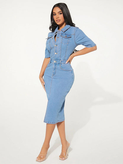 Washed Bodycon Denim Midi Dress For Women - Blue Fitted Button Front Pencil Dress - Spring Casual Streetwear 2026