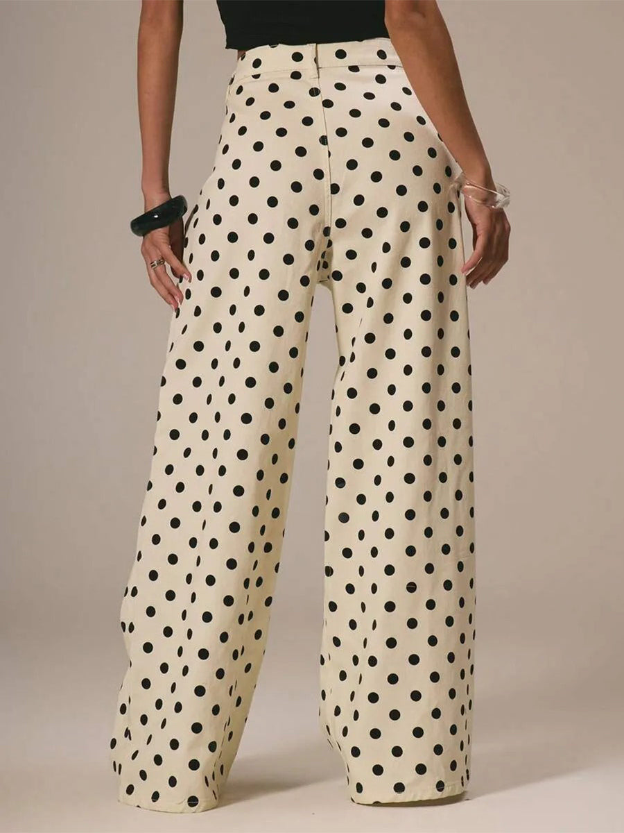 Polka Dot Wide Leg Jeans For Women - Retro Inelastic Straight Trousers - Spring Chic Streetwear 2026
